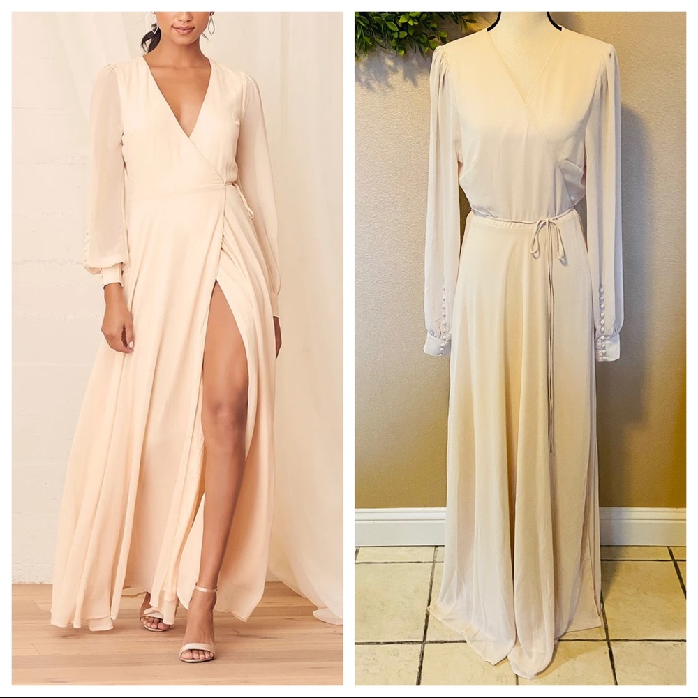 Lulus My Whole Heart Cream Long Sleeve Wrap Maxi Dress